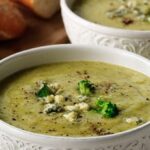 "Homemade broccoli soup with red onion and Stilton, a nutritious meal for yoga practitioners and mindful eaters."