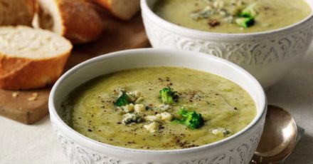 "Homemade broccoli soup with red onion and Stilton, a nutritious meal for yoga practitioners and mindful eaters."